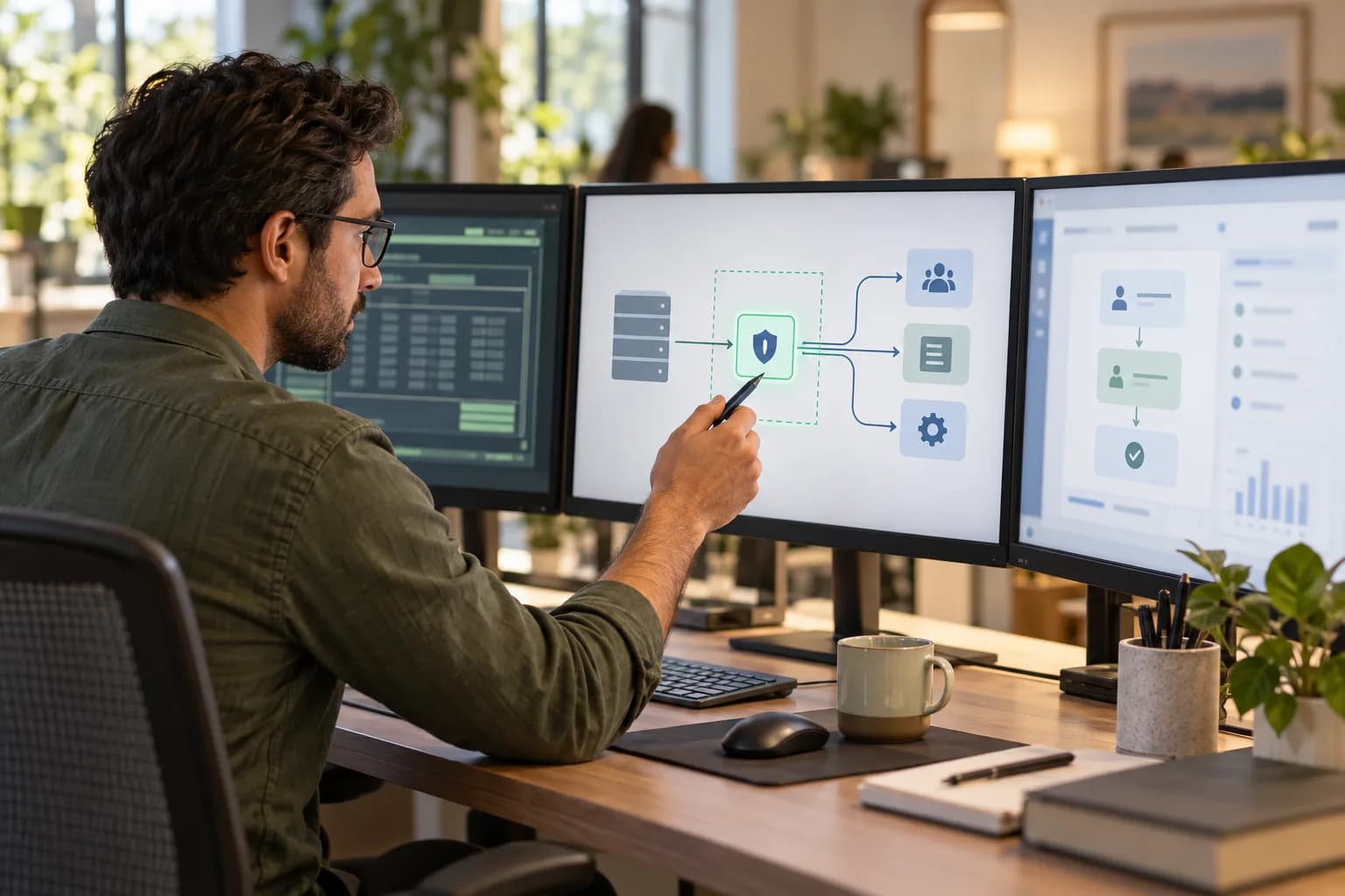 An engineer reviews an API connection and its system boundary with an application owner.