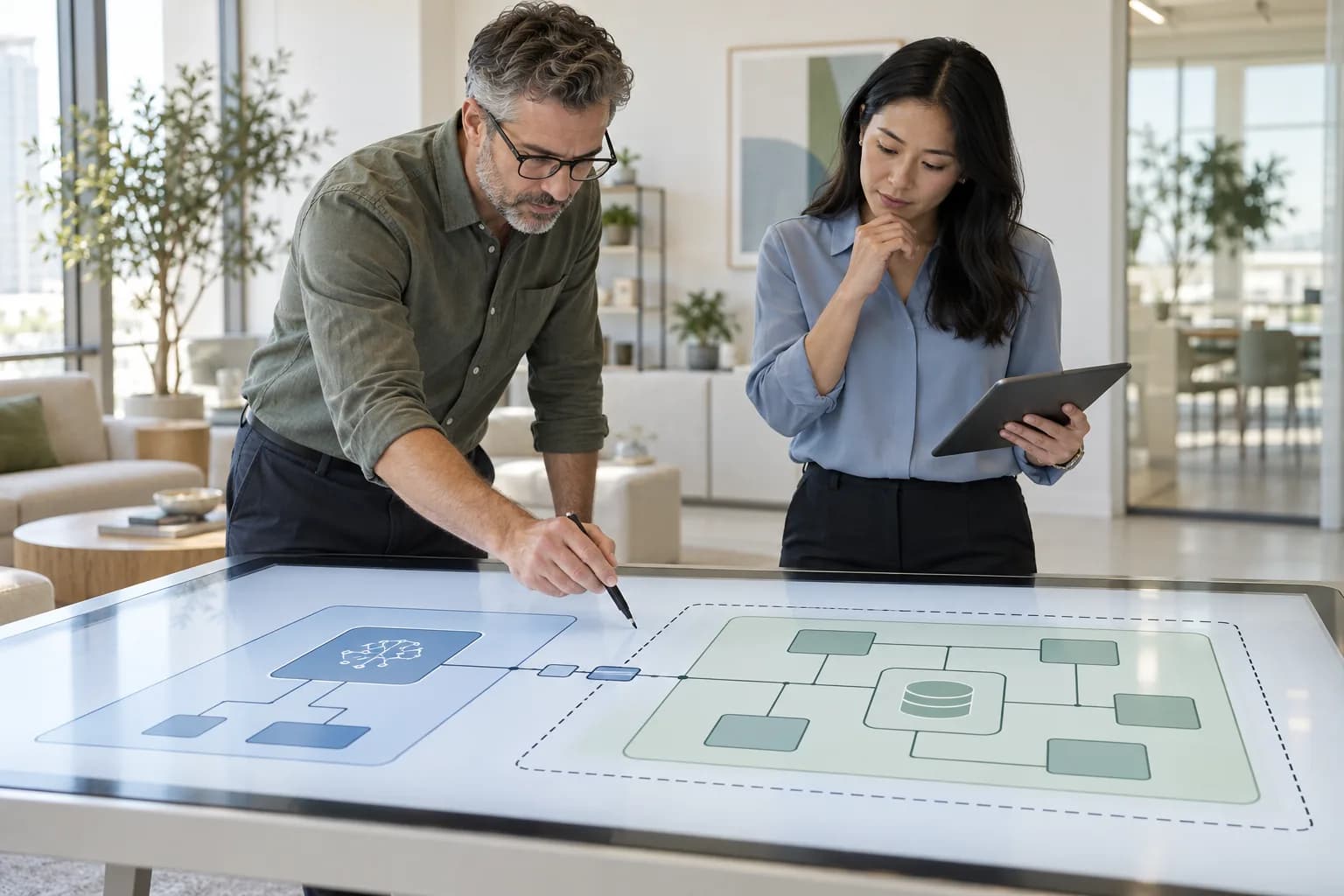 An architect and engineer map AI identities, connected systems, data boundaries, and a human approval point.