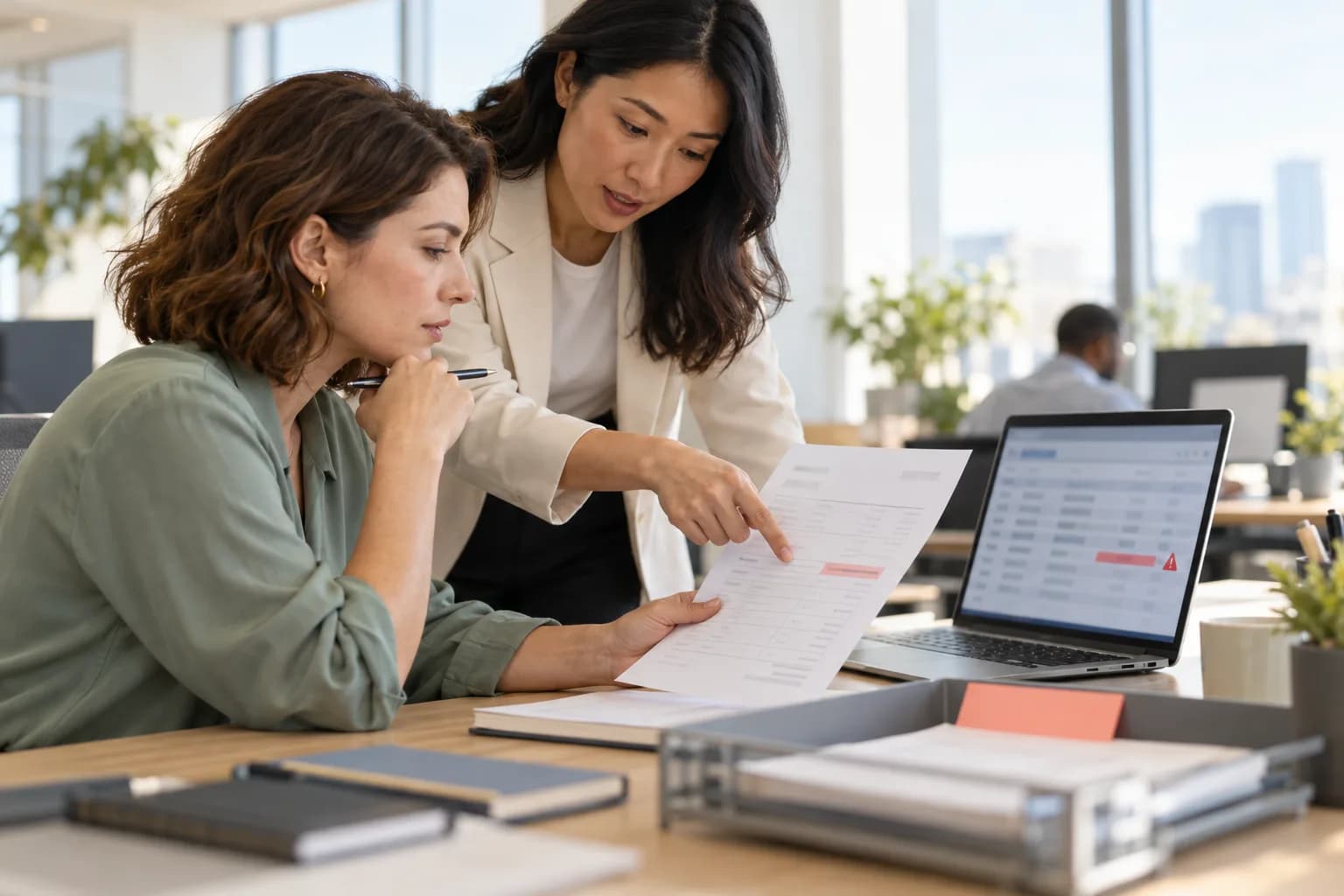 A finance reviewer and engineer inspect an invoice exception and a draft response before a person approves it.