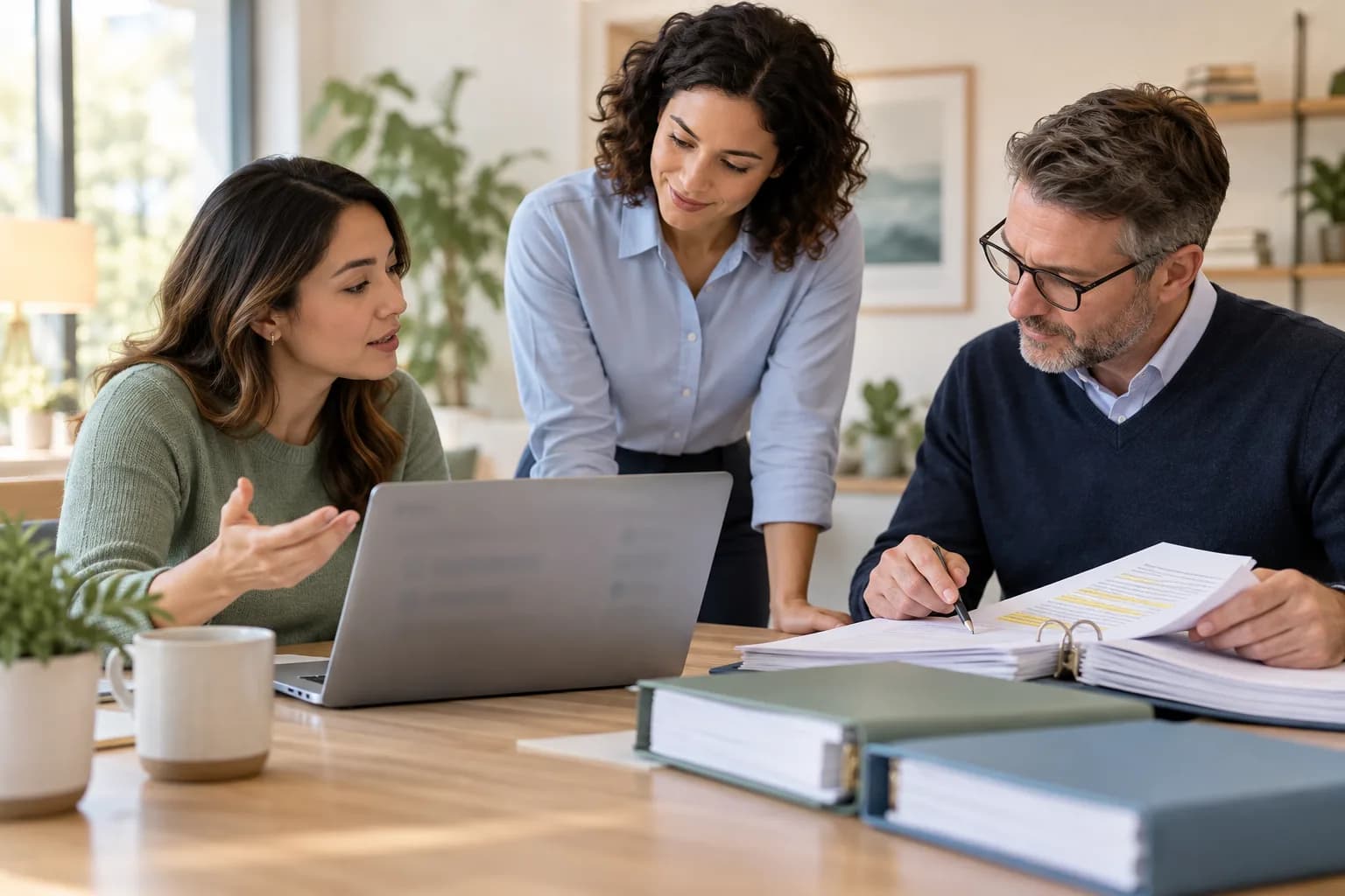 A knowledge manager checks source documents while an engineer reviews how an employee question is answered.