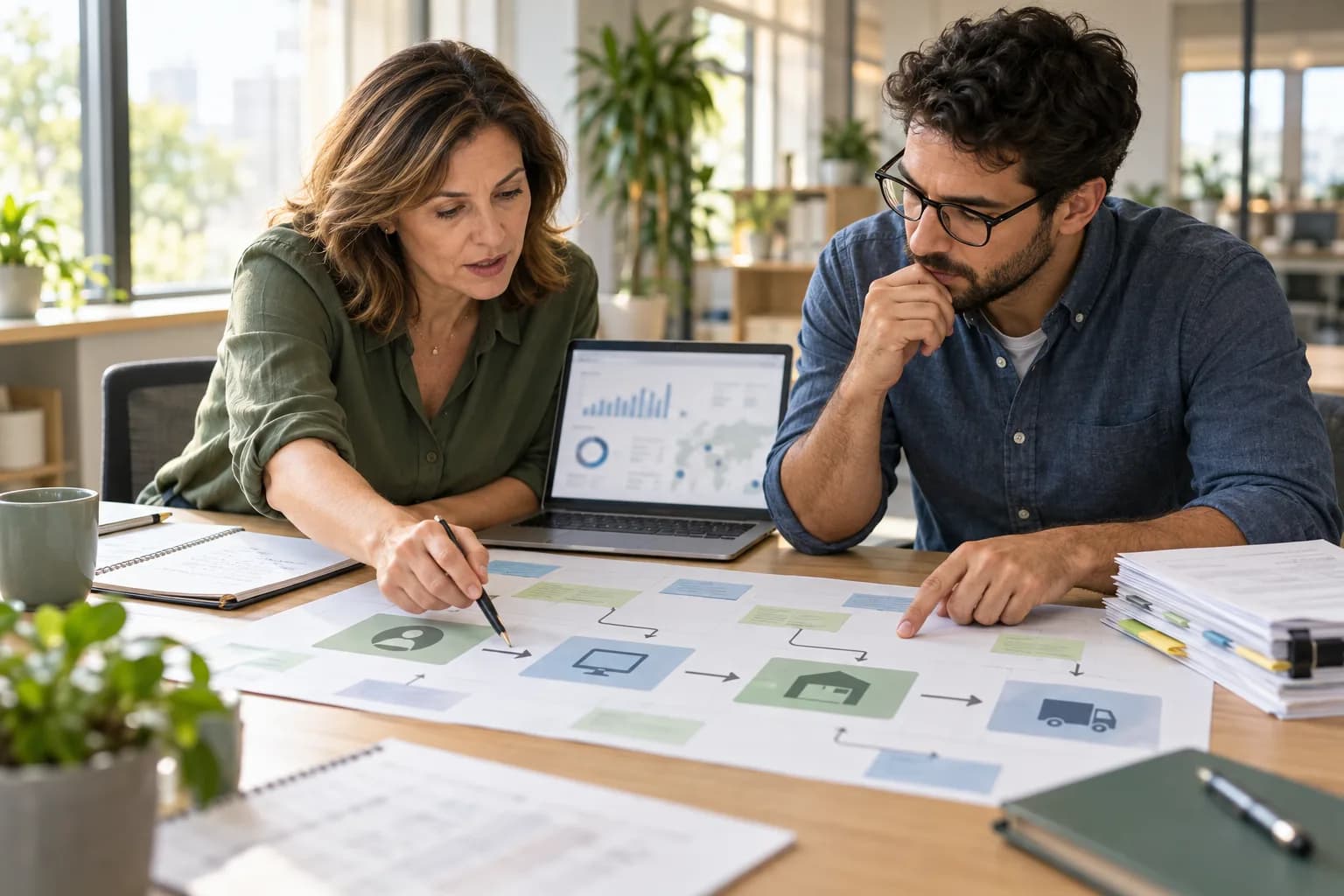 An operations analyst and engineer trace a delayed-order workflow across a printed system map.
